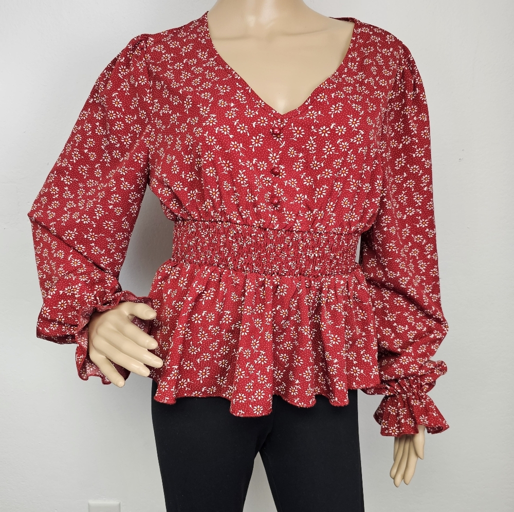 Shein Blouse Top Red Elastic Smock Waist Sz 8/10 Boho Babydoll Cottagecore